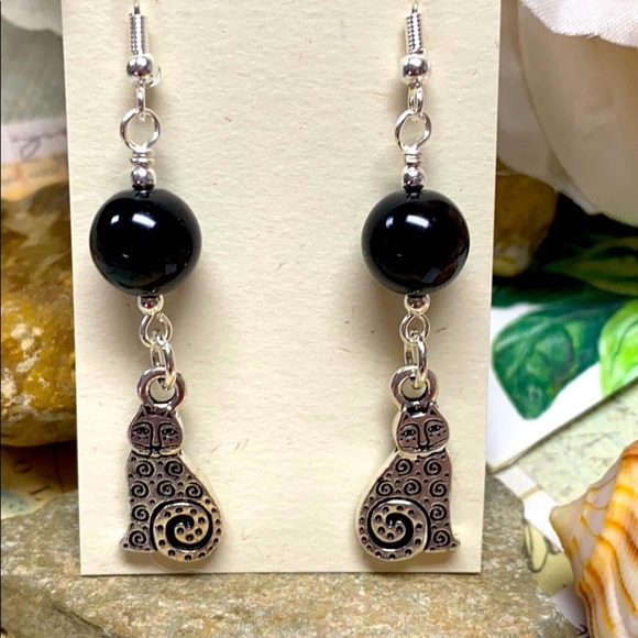 NWOT Sweet silver kitties earrings black jasper - Picture 2 of 6